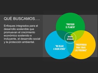 QUÉ BUSCAMOS….
Enfoques integrados para el
desarrollo sostenible que
promuevan el crecimiento
económico sostenido e
incluy...