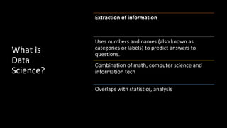 What is
Data
Science?
Extraction of information
Uses numbers and names (also known as
categories or labels) to predict answers to
questions.
Combination of math, computer science and
information tech
Overlaps with statistics, analysis
 