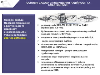 О
Основні заходи
Програм підвищення
ефективності та
надійності
енергоблоків АЕС
України в період з
2007 по 2016 роки
 реконструкція ВРП-750 ЗАЕС, РАЕС та ХАЕС
(будівництво ВЛ-750),
 будівництво додаткових охолоджувачів циркуляційної
води для ен.бл.№1-3 ЮУАЕС,
 введення в експлуатацію гідроагрегатів ст.№3,4,5,6,
 заміна конденсаторів турбіни,
 підвищення теплової потужності діючих енергоблоків з
ВВЕР-1000 до 104%Nном,
 модернізація статорів і роторів швидкохідних
турбогенераторів,
 зниження втрат електричної енергії на власні
потреби:
 заходи щодо збільшення тривалості роботи
енергоблоків на номінальній потужності, в базовому
режимі для зниження витрат на власні потреби, у т.ч.
скорочення ППР.
О ОСНОВНІ ЗАХОДИ З ПІДВИЩЕННЯ НАДІЙНОСТІ ТА
ЕФЕКТИВНОСТІ
 