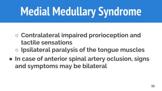 55
Medial Medullary Syndrome
○ Contralateral impaired prorioception and
tactile sensations
○ Ipsilateral paralysis of the tongue muscles
● In case of anterior spinal artery oclusion, signs
and symptoms may be bilateral
 