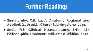 Further Readings
● Sinnatamby, C.S. Last's Anatomy Regional and
Applied. (12th ed.). : Churchill Livingstone; 2011.
● Snell, R.S. Clinical Neuroanatomy. (7th ed.).
Philadelphia: Lippincott Williams & Wilkins; 2010.
57
 