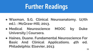 ● Waxman, S.G. Clinical Neuroanatomy. (27th
ed.). : McGraw-Hill; 2013.
● Medical Neuroscience MOOC by Duke
University | Coursera.
● Haines, Duane. Fundamental Neuroscience For
Basic And Clinical Applications. 4th ed.
Philadelphia: Elsevier, 2013
Further Readings
59
 