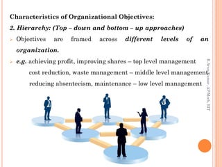 Characteristics of Organizational Objectives:
2. Hierarchy: (Top – down and bottom – up approaches)
 Objectives are framed across different levels of an
organization.
 e.g. achieving profit, improving shares – top level management
cost reduction, waste management – middle level management
reducing absenteeism, maintenance – low level management
R.ArunKumar,AP/Mech,RIT
 