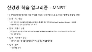 신경망 학습 알고리즘 - MNIST
• 신경망의 매개변수(가중치와 편향)를 MNIST 훈련 데이터로 조정하는 ‘신경망 학습’을 진행
• 1단계 : 미니배치
훈련 데이터의 미니배치를 무작위로 선정하는 확률적 경사 하강법(Stochastic gradient descent : SGD)를
이용하여 손실 함수 값을 줄이는 것이 목표
• 2단계 : 기울기 산출
미니배치의 손실 함수 값을 줄이기 위해 가중치 매개변수의 기울기를 구하여, 손실 함수의 값을 가장 작게
하는 방향을 제시
• 3단계 : 매개변수 갱신
가중치 매개변수를 기울기 방향으로 아주 조금 갱신 (학습률에 비례)
• 4단계 : 반복
1~3 단계를 반복
 