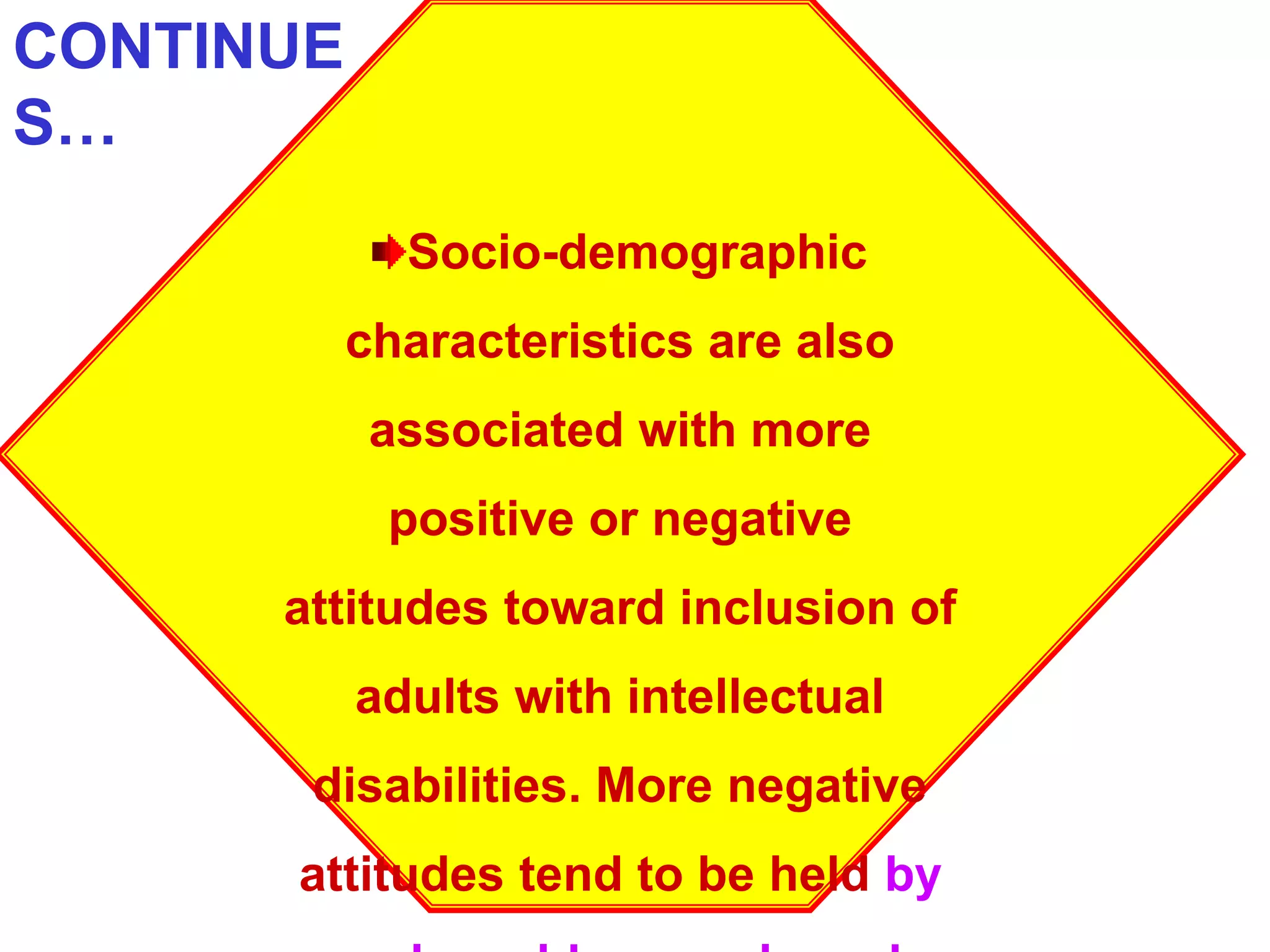 Socio-demographic
characteristics are also
associated with more
positive or negative
attitudes toward inclusion of
adults with intellectual
disabilities. More negative
attitudes tend to be held by
CONTINUE
S…
 