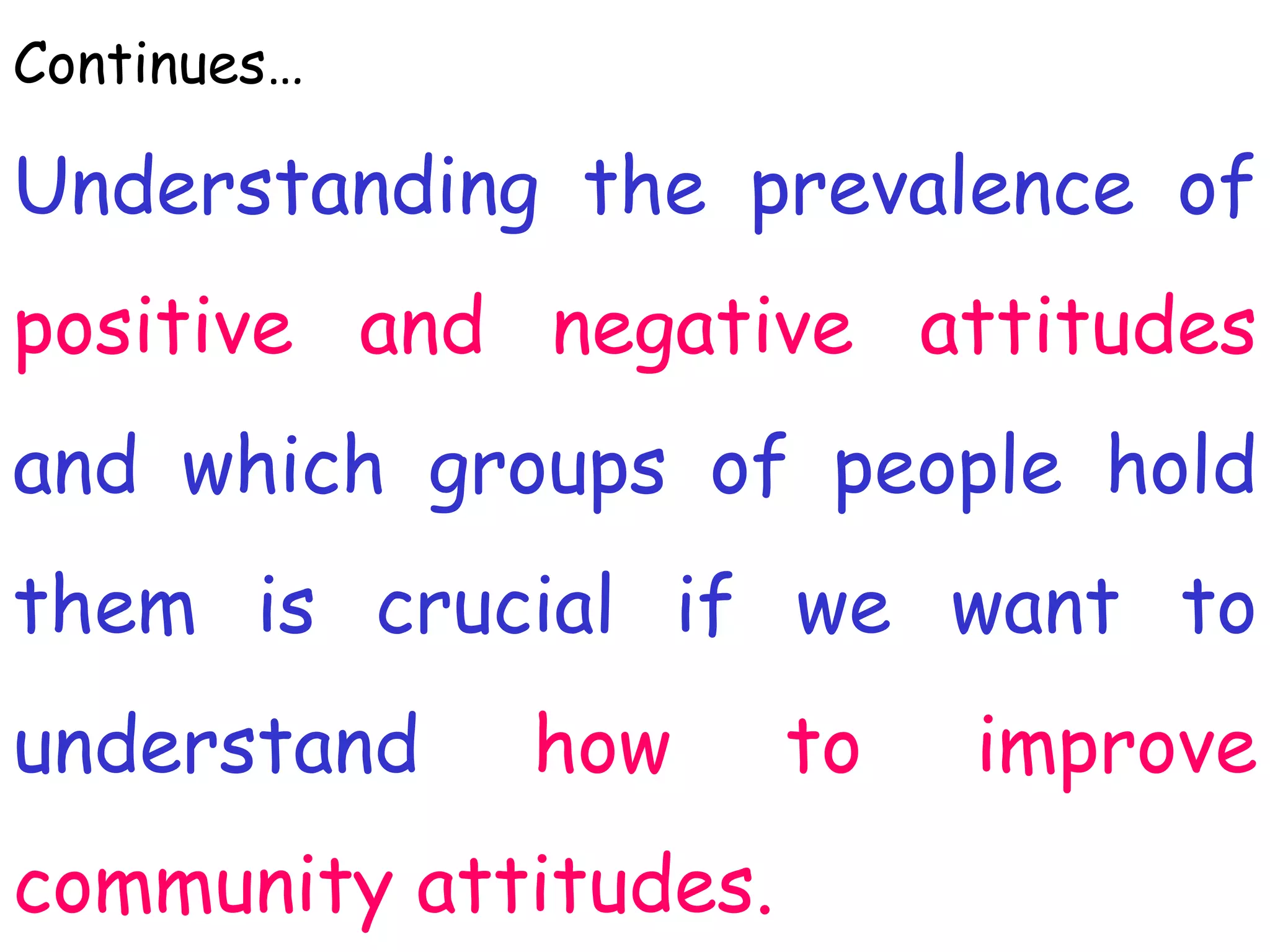Continues…
Understanding the prevalence of
positive and negative attitudes
and which groups of people hold
them is crucial if we want to
understand how to improve
community attitudes.
 