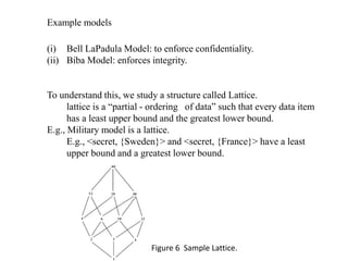 Example models
(i) Bell LaPadula Model: to enforce confidentiality.
(ii) Biba Model: enforces integrity.
To understand this, we study a structure called Lattice.
lattice is a “partial - ordering of data” such that every data item
has a least upper bound and the greatest lower bound.
E.g., Military model is a lattice.
E.g., <secret, {Sweden}> and <secret, {France}> have a least
upper bound and a greatest lower bound.
Figure 6 Sample Lattice.
 