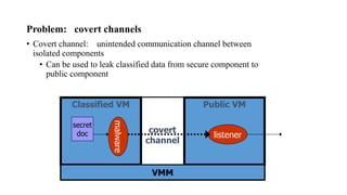 Problem: covert channels
• Covert channel: unintended communication channel between
isolated components
• Can be used to leak classified data from secure component to
public component
Classified VM Public VM
secret
doc
malware
listener
covert
channel
VMM
 