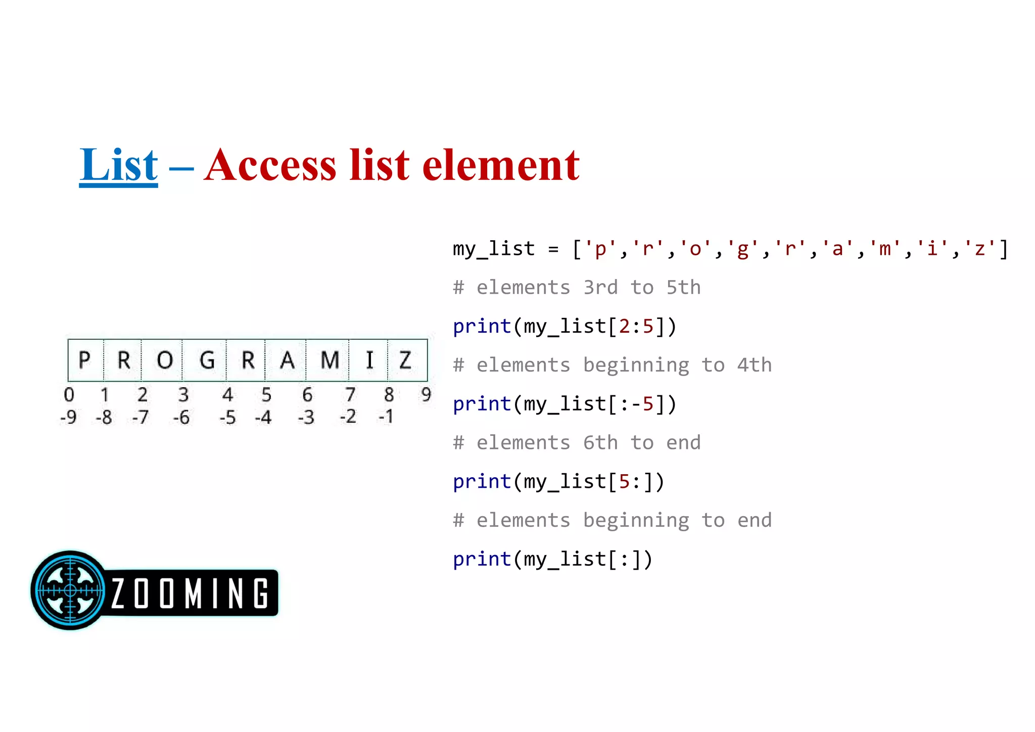 my_list = ['p','r','o','g','r','a','m','i','z']
# elements 3rd to 5th
print(my_list[2:5])
# elements beginning to 4th
print(my_list[:-5])
# elements 6th to end
print(my_list[5:])
# elements beginning to end
print(my_list[:])
List – Access list element
 