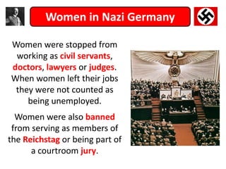 Women in Nazi Germany
Women were stopped from
working as civil servants,
doctors, lawyers or judges.
When women left their jobs
they were not counted as
being unemployed.
Women were also banned
from serving as members of
the Reichstag or being part of
a courtroom jury.
 