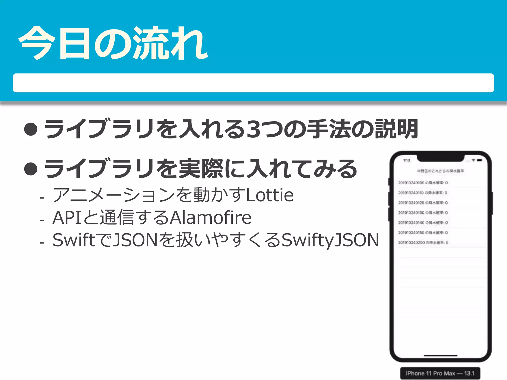 今日の流れ
 ライブラリを入れる3つの手法の説明
 ライブラリを実際に入れてみる
- アニメーションを動かすLottie
- APIと通信するAlamofire
- SwiftでJSONを扱いやすくるSwiftyJSON
 