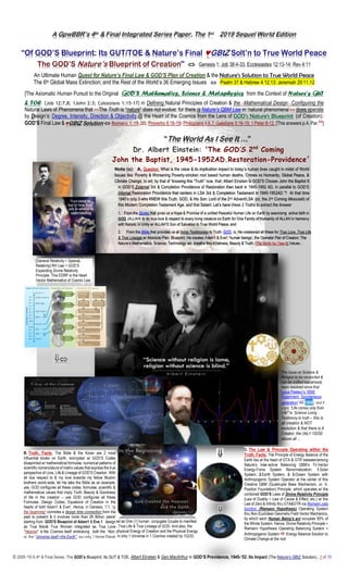 © 2005-‘19 A 4th & Final Series. The GOD’s Blueprint: Its GUT & TOE. Albert Einstein & Gen.MacArthur in GOD’S Providence, 1945-’52: Its Impact (The Nature’s GBtZ Solution).. 1 of 70

An Ultimate Human Quest for Nature’s Final Law & GOD’S Plan of Creation & the Nature’s Solution to True World Peace
The 6th Global Mass Extinction; and the Rest of the World’s 36 Emerging Issues  Psalm 37 & Hebrew 4:12,13: Jeremiah 29:11,12
[The Axiomatic Human Pursuit to the Original GOD’S Mathematics, Science & Metaphysics from the Context of Nature’s GUT
& TOE (Job 12:7,8; 1John 2:3; Colossians 1:15-17) in Defining Natural Principles of Creation & the <Mathematical Design> Configuring the
Natural Laws of Phenomena that <<The Truth is “nature” does not evolve; for there is Nature’s QBM Law in ‘natural phenomena’>> does operate
by Design’s: Degree, Intensity, Direction & Objectivity,@ the Heart of the Cosmos from the Lens of GOD’s Nature’s Blueprint (of Creation):
GOD’S Final Law &  Romans 1:19,20; Proverbs 6:16-19: Philippians 4:6,7; Galatians 5:16-19; 1Peter 8-12. [This answers p.4, Par.2a
]
Dr. Albert Einstein: ‘The GOD’S 2nd
Coming
John the Baptist, 1945-1952AD.Restoration-Providence’
Note (s): A. Question: What is the value & its implication impact to today’s human lives caught in midst of World
Issues like: Poverty & Worsening Poverty-stricken root based human deaths, Crimes vs Humanity, Global Peace, &
Climate Change, to wit; by that of “knowing this “Truth” now, that: Albert Einstein is GOD’S Chosen John the Baptist II
in GOD’S External 3rd & Completion Providence of Restoration then back in 1945-1952 AD, in parallel to GOD’S
Internal Restoration Providence that centers in LSA 3rd & Completion Testament in 1945-1952AD.”? At that time
1940’s only 3 who KNEW this Truth: GOD, & His Son: Lord of the 2nd Advent/LSA (or, the 2nd Coming Messsiah) of
this Modern Completion Testament Age, and that Satan!. Let’s have these 2 Truths to extract the Answer
1. From the Quran, that gives us a Hope & Promise of a unified Peaceful Human Life on Earth by exercising active faith in
GODod (ALLAH) to do true love & respect to every living creature on Earth for One Family of Humanity of ALLAH in harmony
with Nature, in Unity w/ ALLAH’S Son of Salvation to True World Peace; and
2. From the Bible,that provides us all living Testimonies to Truth: GOD, is, He creates/ed all these for True Love, True Life
& True Lineage w/ Absolute Plan: Blueprint. He created Adam1 & Eve1 ‘human beings’, the Operator Pair of Creaion: The
Nature’s Mathematics, Science, Technology w/c breathe thru Kindness, Beauty & Truth: (The World As I See It) Values..
B. Truth, Facts: The Bible & the Koran are 2 most
influential books on Earth, encrypted w/ GOD’S Codes
blueprinted w/ mathematical formulae, numerical patterns of
scientific nomenclature of matrix values that express the true
perspective of Love, Life & Lineage of GOD’S Creation. With
all due respect to & my love towards my fellow Muslim
brothers world-wide, let me take the Bible as an example;
yes, GOD configures all these codes, formulae, scientific &
mathematical values that imply Truth, Beauty & Goodness
of life in the creation – yes GOD configures all these
Formulae, Design Codes, Equations of Creation in the
hearts of both Adam1 & Eve1. Hence, in Genesis, 1:1, ‘in
the beginning’ connotes a design time connection from the
past to present & it involves more than 26 Billion years!
starting from GOD’S Blueprint of Adam1 & Eve 1 design
as True Man& True Woman integrated as True Love
‘Heaven’ is the Cosmos itself; embracing both the Non-
or, the ‘Universe itself +the Earth’, our only 1 Home Planet
ed as One (1) human conjugate Couple to manifest
, True Life & True Lineage of GOD. And also, the
physical Energy of Creation and the Physical Energy
in only 1 Universe in 1 Cosmos created by 1GOD.
C. The Law & Principle Operating within the
Truth, Facts: The Principle of Energy Balance of the
Earth lies at the heart of GTA & GTR between/among
Nature’s Inter-active Balancing QBM’s Tri-Vector
Energy-Force System Renormalization: 1.Solar
System, 2.Earth System, & 3.Ocean System with
Anthropogenic System Operator at the center of this
Creative QBM (Quadruple Base Mechanism, or, 4-
Position Foundation) Principle which operates w/ the
combined GOD’S Laws of Divine Relativity Principle
(Law of Duality + Law of Cause & Effect, etc.) w/ the
Law of Zero & Infinity thru GTA&GTR via Riemann zeta
function (Riemann Hypothesis) Operating System
thru Non-Euclidean Geometry Field Vector Mechanics,
by which each Human Being’s act occupies 95% of
the Whole System. Hence, Divine Relativity Principle +
Riemann Hypothesis Operating Balancing System +
Anthropogenic System  Energy Balance Solution to
Climate Change at the root
[General Relativity + SpeciaL
Relativity] RH Law = GOD’S
Expanding Divine Relativity
Principle. This EDRP is the Heart
Vector Mathematics of Cosmic Law
The Issue on Science &
Religion to be reconciled &
can be unified has already
been resolved since that
Loius Pasteur’s 1859]
Experiment Spontaneous
generation' [47] 1859); and it
says: “Life comes only from
Life” is Science Living
Testimony to truth – this is
all creation & NOT
evolution & that there is A
Creator, the ONLY 1GOD
above all ...
 