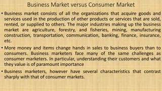 Business Market versus Consumer Market
• Business market consists of all the organizations that acquire goods and
services used in the production of other products or services that are sold,
rented, or supplied to others. The major industries making up the business
market are agriculture, forestry, and fisheries, mining, manufacturing
construction, transportation, communication, banking, finance, insurance,
etc.
• More money and items change hands in sales to business buyers than to
consumers. Business marketers face many of the same challenges as
consumer marketers. In particular, understanding their customers and what
they value is of paramount importance
• Business marketers, however have several characteristics that contrast
sharply with that of consumer markets.
 