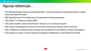 3M Health Care Academy
SM
© 3M 2015. All Rights Reserved
3MSM
Health Care Academy
3
Algunas referencias…
• ISO 18593 Microbiology of food and animal feeding stuffs — Horizontal methods for sampling techniques for surfaces
using contact plates and swabs
• BRC Global Standard for Food Safety (issue 8) environmental monitoring requirement
• FSSC 22000 V 4.1 Monitoreo ambiental (EMP)
• FSIS Listeria Guideline: Listeria Control Program: Testing for Lm or an Indicator Organism
• GMA. Listeria monocytogenes Guidance on environmental monitoring and corrective actions in risk foods
• EURL. Guidelines on sampling the food processing area and equipment for the detection of Listeria monocytogenes
• FDA Guidance for Industry: Control of Listeria monocytogenes in Refrigerated or Frozen Ready-To-Eat Foods
 