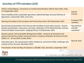 Activities of ITPS members (4/4)
COP14, United Nations, Convention to Combat Desertification UNCCD, New Delhi, India,
2-13 September 2019 Samuel
FranckeForum Healthy soil for sustainable agriculture, (World Soil Day), Peruvian Ministry of
Agriculture, 5 December 2019, Lima, Peru
Steering Committee of the European Soil Partnership, Rome 18-19 November 2019
European ITPS
members
Second General Assembly of the Chinese Soil and Water Conservation Society – Several
keynote presentations, discussions and visits; celebration of the World Soil Day. Institute
of Soil and Water Conservation, Yangling (China), 4-10 December 2019
Rosa M Poch
and GSP
secretariat
Keynote speech: Soil Sustainable Management (SSM) - relevance of researches and
actions from decision makers and governments, Congresso Brasileiro de Ciência do Solo
(CBCS), 21 - 26 July 2019; Cuiabá, Brazil
Rosa M. Poch
Panel discussion: The way forward; within Conference: Soil and the SDGs: challenges and
need for action, Brussels, November 2019
Presentation of the Soil Map of Catalonia 1:250,000. ICGC, Barcelona, September 2019
 