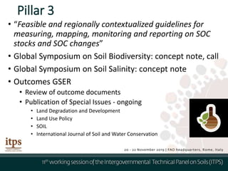 Pillar 3
• “Feasible and regionally contextualized guidelines for
measuring, mapping, monitoring and reporting on SOC
stocks and SOC changes”
• Global Symposium on Soil Biodiversity: concept note, call
• Global Symposium on Soil Salinity: concept note
• Outcomes GSER
• Review of outcome documents
• Publication of Special Issues - ongoing
• Land Degradation and Development
• Land Use Policy
• SOIL
• International Journal of Soil and Water Conservation
 