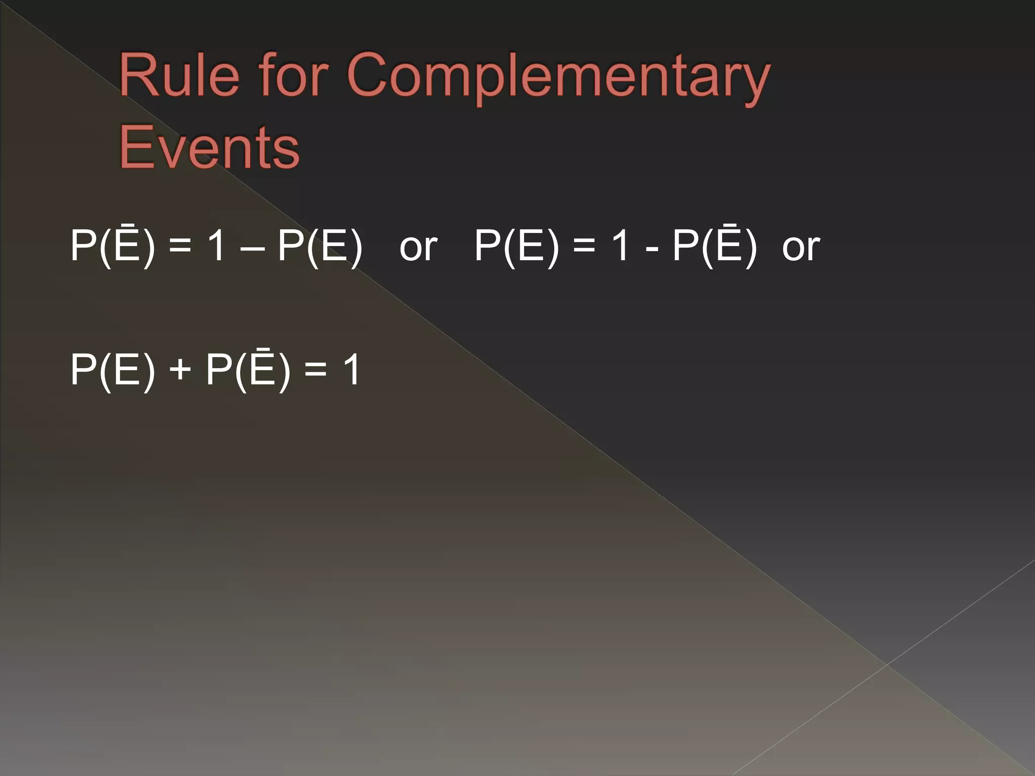 P(Ē) = 1 – P(E) or P(E) = 1 - P(Ē) or
P(E) + P(Ē) = 1
 