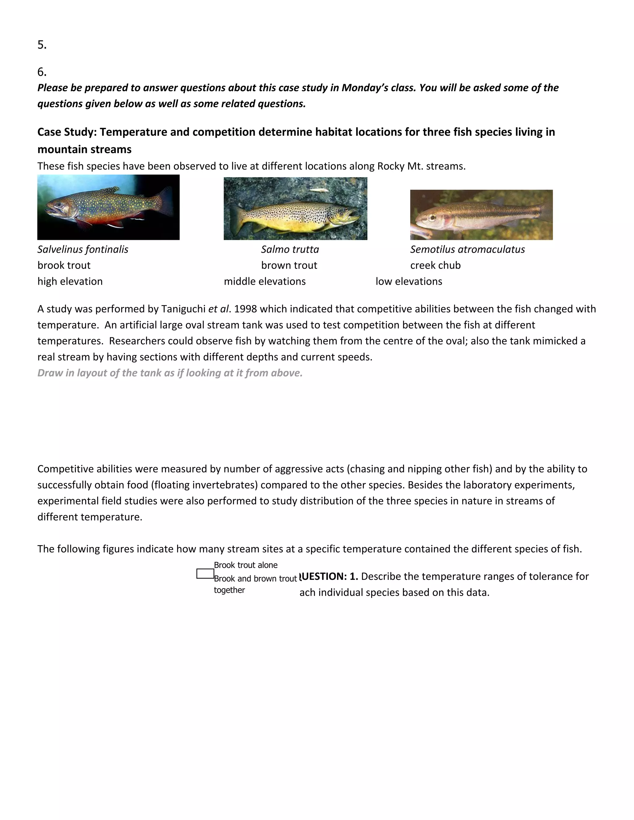 5.

6.
Please be prepared to answer questions about this case study in Monday’s class. You will be asked some of the
questions given below as well as some related questions.

Case Study: Temperature and competition determine habitat locations for three fish species living in
mountain streams
These fish species have been observed to live at different locations along Rocky Mt. streams.




Salvelinus fontinalis                          Salmo trutta                     Semotilus atromaculatus
brook trout                                    brown trout                      creek chub
high elevation                          middle elevations                low elevations

A study was performed by Taniguchi et al. 1998 which indicated that competitive abilities between the fish changed with
temperature. An artificial large oval stream tank was used to test competition between the fish at different
temperatures. Researchers could observe fish by watching them from the centre of the oval; also the tank mimicked a
real stream by having sections with different depths and current speeds.
Draw in layout of the tank as if looking at it from above.




Competitive abilities were measured by number of aggressive acts (chasing and nipping other fish) and by the ability to
successfully obtain food (floating invertebrates) compared to the other species. Besides the laboratory experiments,
experimental field studies were also performed to study distribution of the three species in nature in streams of
different temperature.

The following figures indicate how many stream sites at a specific temperature contained the different species of fish.
                                      Brook trout alone
                                                          QUESTION: 1. Describe the temperature ranges
                                      Brook and brown trout                                              of tolerance for
                                      together            each individual species based on this data.
 