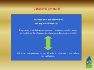 Conceptos generales 
Concepto de la dimensión física 
del impacto ambiental: 
Procesos y equilibrios cuyos comportamientos pueden verse afectados por la intervención representada en un proyecto. 
Inicio de cadena causal de modificaciones e impactos que deben ser evaluados.  