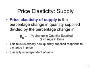 Price Elasticity: Supply
• Price elasticity of supply is the
percentage change in quantity supplied
divided by the percentage change in
• This tells us exactly how quantity supplied responds to
a change in price
ES =
• Elasticity is independent of units
% change in Quantity Supplied
% change in Price
7-19
 