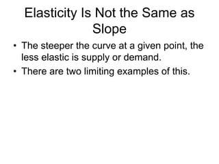 Elasticity Is Not the Same as
Slope
• The steeper the curve at a given point, the
less elastic is supply or demand.
• There are two limiting examples of this.
 