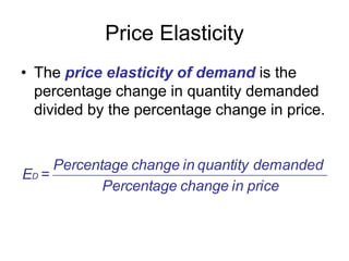 Price Elasticity
• The price elasticity of demand is the
percentage change in quantity demanded
divided by the percentage change in price.
price
in
change
Percentage
demanded
quantity
in
change
Percentage
=
ED
 