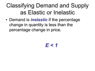 Classifying Demand and Supply
as Elastic or Inelastic
• Demand is inelastic if the percentage
change in quantity is less than the
percentage change in price.
E < 1
 