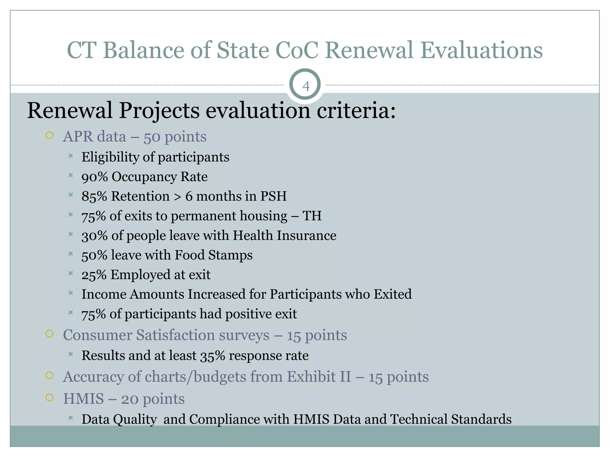 CT Balance of State CoC Renewal Evaluations Renewal Projects evaluation criteria: APR data – 50 points Eligibility of participants 90% Occupancy Rate 85% Retention > 6 months in PSH 75% of exits to permanent housing – TH 30% of people leave with Health Insurance 50% leave with Food Stamps 25% Employed at exit Income Amounts Increased for Participants who Exited 75% of participants had positive exit  Consumer Satisfaction surveys – 15 points Results and at least 35% response rate Accuracy of charts/budgets from Exhibit II – 15 points HMIS – 20 points Data Quality  and Compliance with HMIS Data and Technical Standards 