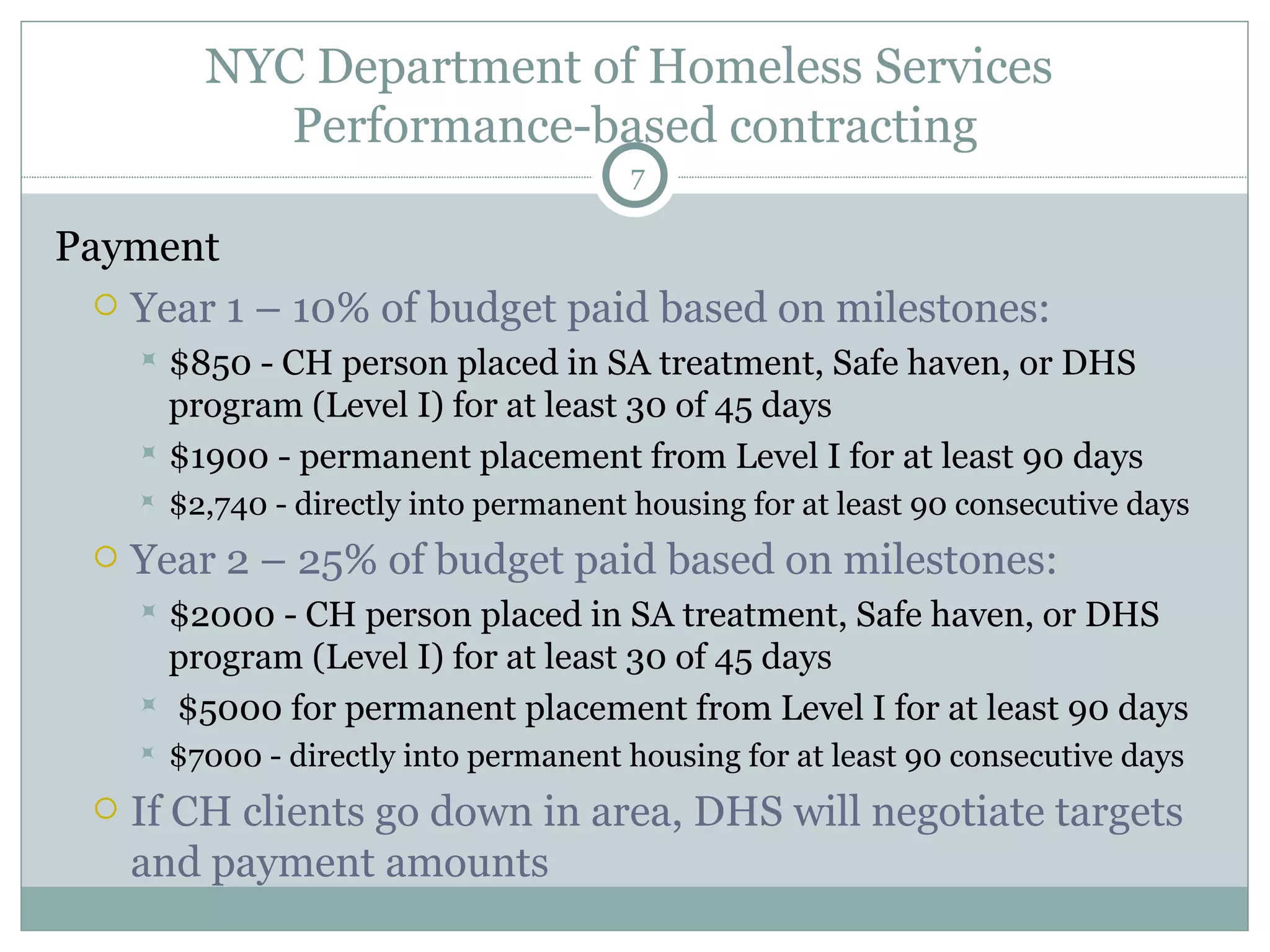 NYC Department of Homeless Services  Performance-based contracting Payment Year 1 – 10% of budget paid based on milestones: $850 - CH person placed in SA treatment, Safe haven, or DHS program (Level I) for at least 30 of 45 days $1900 - permanent placement from Level I for at least 90 days $2,740 - directly into permanent housing for at least 90 consecutive days Year 2 – 25% of budget paid based on milestones: $2000 - CH person placed in SA treatment, Safe haven, or DHS program (Level I) for at least 30 of 45 days $5000 for permanent placement from Level I for at least 90 days $7000 - directly into permanent housing for at least 90 consecutive days If CH clients go down in area, DHS will negotiate targets and payment amounts 