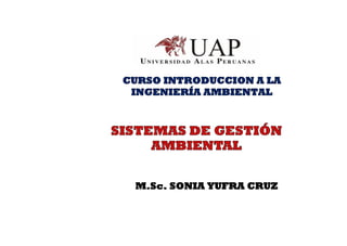 CURSO INTRODUCCION A LA
INGENIERÍA AMBIENTAL
SISTEMAS DE GESTIÓN
AMBIENTAL
M.Sc. SONIA YUFRA CRUZ
 