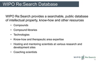 WIPO Re:Search Database

 WIPO Re:Search provides a searchable, public database
 of intellectual property, know-how and other resources
    • Compounds
    • Compound libraries
    • Technologies
    • Know-how and therapeutic area expertise
    • Hosting and mentoring scientists at various research and
      development sites
    • Coaching scientists

                                                                 15
 