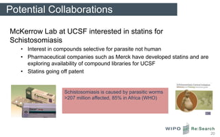 Potential Collaborations

McKerrow Lab at UCSF interested in statins for
Schistosomiasis
   • Interest in compounds selective for parasite not human
   • Pharmaceutical companies such as Merck have developed statins and are
     exploring availability of compound libraries for UCSF
   • Statins going off patent


                   Schistosomiasis is caused by parasitic worms
                   >207 million affected, 85% in Africa (WHO)




                                                                             20
 