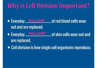 Why is Cell Division Important?

•               billions
    Everyday _________________ of red blood cells wear
    out and are replaced.

•              millions
    Everyday _________________ of skin cells wear out and
    are replaced.

• Cell division is how single cell organisms reproduce.
 