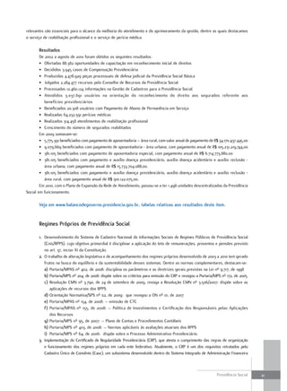 relevantes são essenciais para o alcance da melhoria do atendimento e do aprimoramento da gestão, dentre as quais destacamos
o serviço de reabilitação profissional e o serviço de perícia médica.

       resultados
        De 2002 a agosto de 2010 foram obtidos os seguintes resultados:
        • Ofertadas 88.382 oportunidades de capacitação em reconhecimento inicial de direitos
        • Decididos 3.945 casos de Compensação Previdenciária
        • Produzidas 4.478.929 peças processuais de defesa judicial da Previdência Social Básica
        • Julgados 2.284.477 recursos pelo Conselho de Recursos da Previdência Social
        • Processadas 12.460.124 informações na Gestão de Cadastros para a Previdência Social
        • Atendidos 3.037.691 usuários na orientação do reconhecimento do direito aos segurados referente aos
           benefícios previdenciários
        • Beneficiados 20.308 usuários com Pagamento de Abono de Permanência em Serviço
        • Realizadas 64.232.591 perícias médicas
        • Realizados 314.458 atendimentos de reabilitação profissional
        • Crescimento do número de segurados reabilitados
        Em 2009 somavam-se:
        • 5.775.391 beneficiados com pagamento de aposentadoria – área rural, com valor anual de pagamento de R$ 34.170.437.445,00
        • 9.079.669 beneficiados com pagamento de aposentadoria - área urbana, com pagamento anual de R$ 105.231.219,744,00
        • 381.105 beneficiados com pagamento de aposentadoria especial, com pagamento anual de R$ 6.714.773.880,00
        • 381.105 beneficiados com pagamento e auxílio doença previdenciário, auxílio doença acidentário e auxílio reclusão -
           área urbana, com pagamento anual de R$ 15.733.704.088,00.
        • 381.105 beneficiados com pagamento e auxílio doença previdenciário, auxílio doença acidentário e auxílio reclusão -
           área rural, com pagamento anual de R$ 910.122.075,00.
        Em 2010, com o Plano de Expansão da Rede de Atendimento, passou-se a ter 1.498 unidades descentralizadas da Previdência
Social em funcionamento.

       veja em www.balancodegoverno.presidencia.gov.br, tabelas relativas aos resultados deste item.


       regimes Próprios de Previdência Social

       1. Desenvolvimento do Sistema de Cadastro Nacional de Informações Sociais de Regimes Públicos de Previdência Social
          (Cnis/RPPS), cujo objetivo primordial é disciplinar a aplicação do teto de remunerações, proventos e pensões previsto
          no art. 37, inciso XI da Constituição.
       2. O trabalho de alteração legislativa e de acompanhamento dos regimes próprios desenvolvido de 2003 a 2010 tem gerado
          frutos na busca do equilíbrio e da sustentabilidade desses sistemas. Dentre as normas complementares, destacam-se:
          a) Portaria/MPAS nº 402, de 2008: disciplina os parâmetros e as diretrizes gerais previstas na Lei nº 9.717, de 1998
          b) Portaria/MPS nº 204, de 2008: dispõe sobre os critérios para emissão do CRP e revogou a Portaria/MPS nº 172, de 2005
          c) Resolução CMN nº 3.790, de 24 de setembro de 2009, revoga a Resolução CMN nº 3.506/2007: dispõe sobre as
             aplicações de recursos dos RPPS
          d) Orientação Normativa/SPS nº 02, de 2009: que revogou a ON nº 01, de 2007
          e) Portaria/MPAS nº 154, de 2008: – emissão de CTC
          f) Portaria/MPAS nº 155, de 2008: – Política de Investimentos e Certificação dos Responsáveis pelas Aplicações
             dos Recursos
          g) Portaria/MPS nº 95, de 2007: – Plano de Contas e Procedimentos Contábeis
          h) Portaria/MPS nº 403, de 2008: – Normas aplicáveis às avaliações atuariais dos RPPS
          i) Portaria/MPS nº 64, de 2006: dispõe sobre o Processo Administrativo Previdenciário.
       3. Implementação do Certificado de Regularidade Previdenciária (CRP), que atesta o cumprimento das regras de organização
          e funcionamento dos regimes próprios em cada ente federativo. Atualmente, o CRP é um dos requisitos retratados pelo
          Cadastro Único de Convênio (Cauc), um subsistema desenvolvido dentro do Sistema Integrado de Administração Financeira



                                                                                                               Previdência Social    21
 