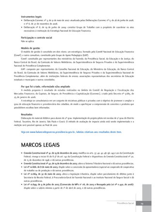 instrumentos legais
       • Deliberação Coremec nº 3, de 31 de maio de 2007: atualizada pelas Deliberações Coremec nº 5, de 26 de junho de 2008,
         e nº 6, de 27 de novembro de 2008.
       • Deliberação nº 8, de 19 de junho de 2009: constitui Grupo de Trabalho com o propósito de coordenar os atos
         necessários à instituição da Estratégia Nacional de Educação Financeira.

       Participação e controle social
       Não se aplica.

       modelo de gestão
       O modelo de gestão é concebido em dois níveis: um estratégico, formado pelo Comitê Nacional de Educação Financeira
(Conef), e outro consultivo, constituído pelo Grupo de Apoio Pedagógico (GAP).
       Conef: constituído por representantes dos ministérios da Fazenda, da Previdência Social, da Educação e da Justiça, do
Banco Central do Brasil, da Comissão de Valores Mobiliários, da Superintendência de Seguros Privados e da Superintendência
Nacional de Previdência Complementar.
       GAP: composto por representantes do Conselho Nacional de Educação, do Ministério da Educação, do Banco Central
do Brasil, da Comissão de Valores Mobiliários, da Superintendência de Seguros Privados e da Superintendência Nacional de
Previdência Complementar, além de instituições federais de ensino, associações representativas dos secretários de Educação
estaduais e municipais e outros convidados.

       Por que foi criado, reformulado e/ou ampliado
        A medida proposta é resultado de estudos realizados no âmbito do Comitê de Regulação e Fiscalização dos
Mercados Financeiro, de Capitais, de Seguro, de Previdência e Capitalização (Coremec), criado pelo Decreto nº 5.685, de
25 de janeiro de 2006.
        A estratégia se consubstancia em um conjunto de iniciativas públicas e privadas com o objetivo de promover e ampliar o
grau de educação financeira e previdenciária dos cidadãos, de modo a aperfeiçoar a compreensão de conceitos e produtos que
possibilitem escolhas bem informadas.

       resultados
        Elaboração do material didático para alunos do 2º grau. Implementação do projeto-piloto em escolas de 2o grau do Distrito
Federal, Tocantins, Rio de Janeiro, São Paulo e Ceará. O método de avaliação de impacto ainda está sendo implementado e a
medição será possível apenas ao final de 2010.

       veja em www.balancodegoverno.presidencia.gov.br, tabelas relativas aos resultados deste item.




       marcoS legaiS
       • emenda constitucional nº 41, de 19 de dezembro de 2003: modifica os arts. 37, 40, 42, 48, 96, 149 e 201 da Constituição
         Federal, revoga o inciso IX do § 3º do art. 142 da Constituição Federal e dispositivos da Emenda Constitucional nº 20,
         de 15 de dezembro de 1998, e dá outras providências.
       • emenda constitucional nº 42, de 19 de dezembro de 2003: altera o Sistema Tributário Nacional e dá outras providências.
       • lei nº 10.666, de 8 de maio de 2003: dispõe sobre a concessão da aposentadoria especial ao cooperado de cooperativa
         de trabalho ou de produção e dá outras providências.
       • lei nº 10.684, de 30 de maio de 2003: altera a legislação tributária, dispõe sobre parcelamento de débitos junto à
         Secretaria da Receita Federal, à Procuradoria-Geral da Fazenda Nacional e ao Instituto Nacional do Seguro Social e dá
         outras providências.
       • lei nº 10.699, de 9 de julho de 2003 (conversão da mPv no 116, de 2003 e revogada pela lei nº 11.430, de 2006):
         dispõe sobre o salário mínimo a partir de 1º de abril de 2003, e dá outras providências.




                                                                                                              Previdência Social    29
 