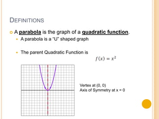 DEFINITIONS
   A parabola is the graph of a quadratic function.
       A parabola is a “U” shaped graph

       The parent Quadratic Function is




                                    Vertex at (0, 0)
                                    Axis of Symmetry at x = 0
 