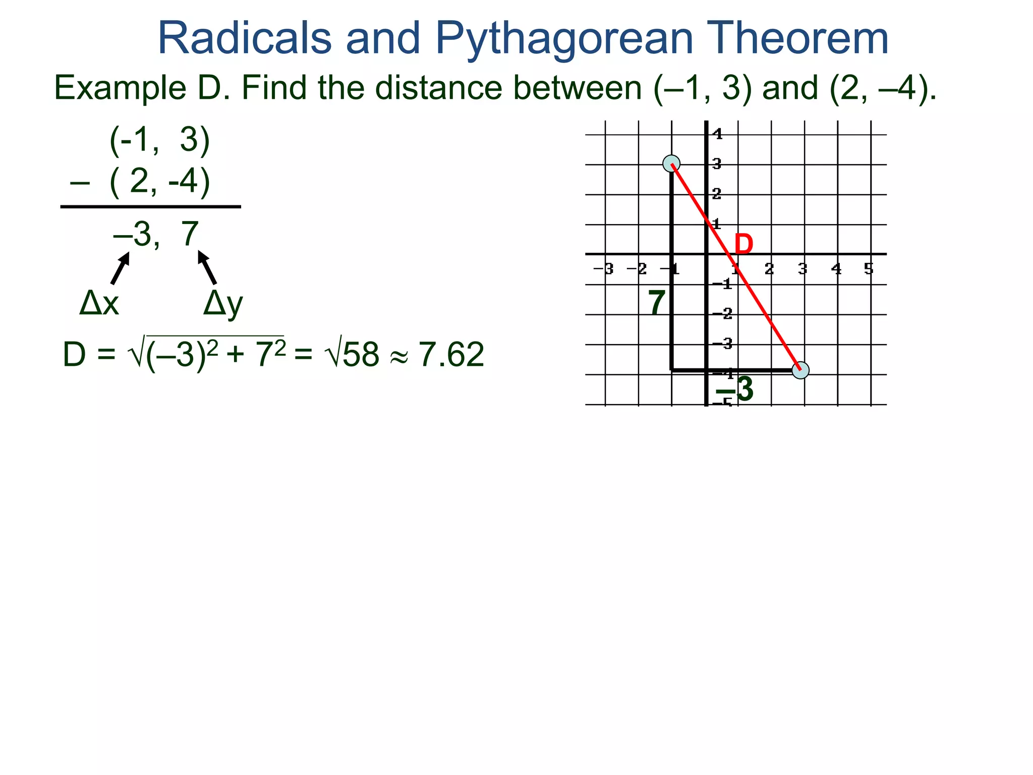 Example D. Find the distance between (–1, 3) and (2, –4).
(-1, 3)
– ( 2, -4)
D = (–3)2 + 72 = 58  7.62
D
7
–3
Radicals and Pythagorean Theorem
–3, 7
Δx Δy
 