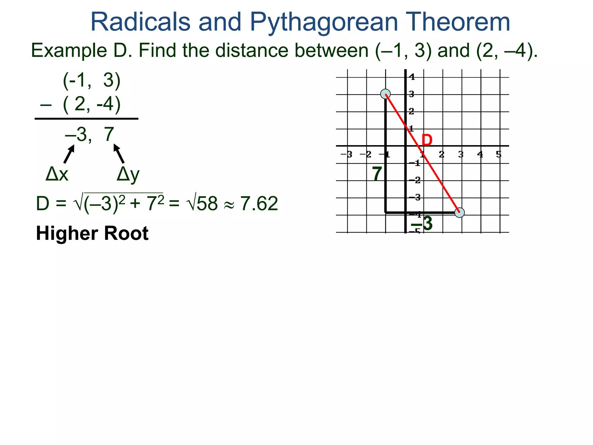 Example D. Find the distance between (–1, 3) and (2, –4).
(-1, 3)
– ( 2, -4)
D = (–3)2 + 72 = 58  7.62
D
7
–3
Radicals and Pythagorean Theorem
–3, 7
Δx Δy
Higher Root
 