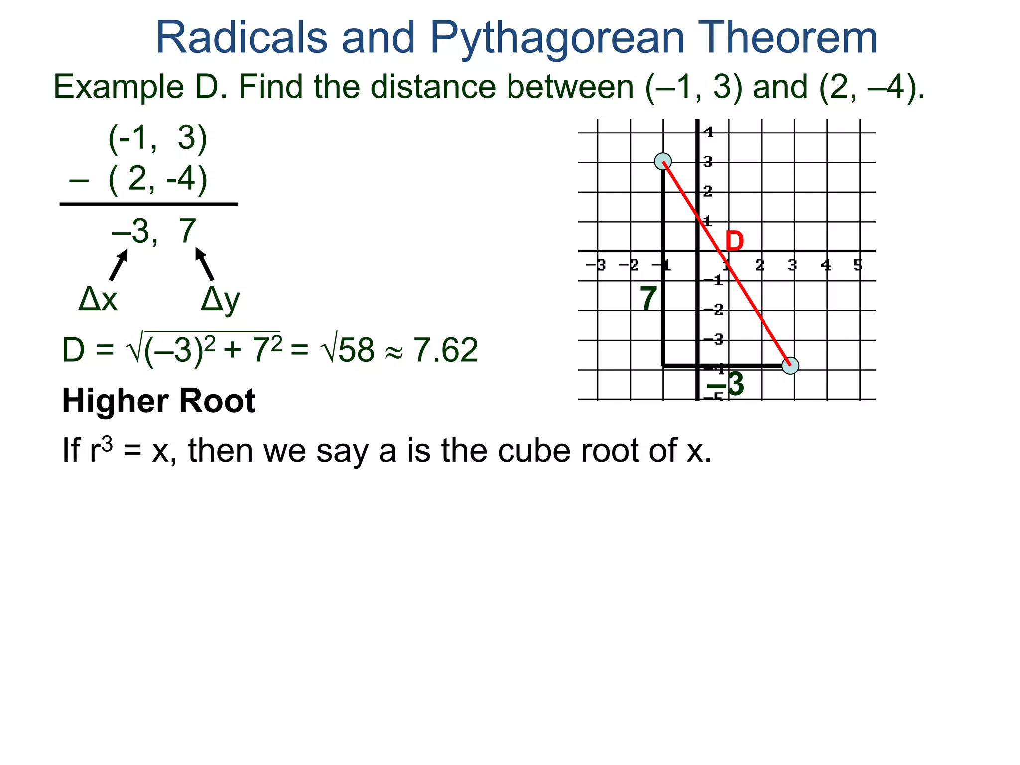 Example D. Find the distance between (–1, 3) and (2, –4).
(-1, 3)
– ( 2, -4)
D = (–3)2 + 72 = 58  7.62
D
7
–3
Radicals and Pythagorean Theorem
–3, 7
Δx Δy
Higher Root
If r3 = x, then we say a is the cube root of x.
 