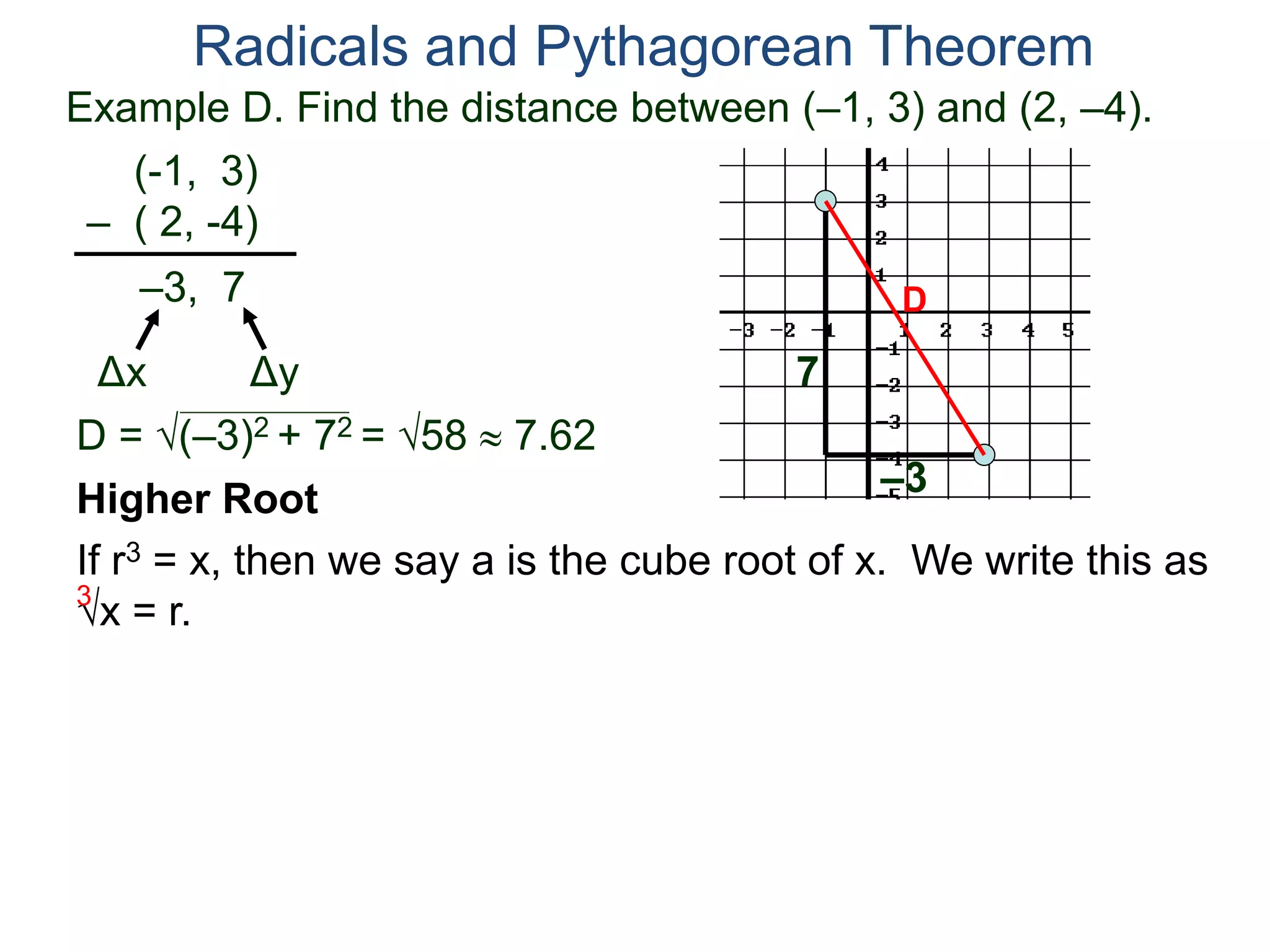 Example D. Find the distance between (–1, 3) and (2, –4).
(-1, 3)
– ( 2, -4)
D = (–3)2 + 72 = 58  7.62
D
7
–3
Radicals and Pythagorean Theorem
–3, 7
Δx Δy
Higher Root
If r3 = x, then we say a is the cube root of x. We write this as
x = r.3
 