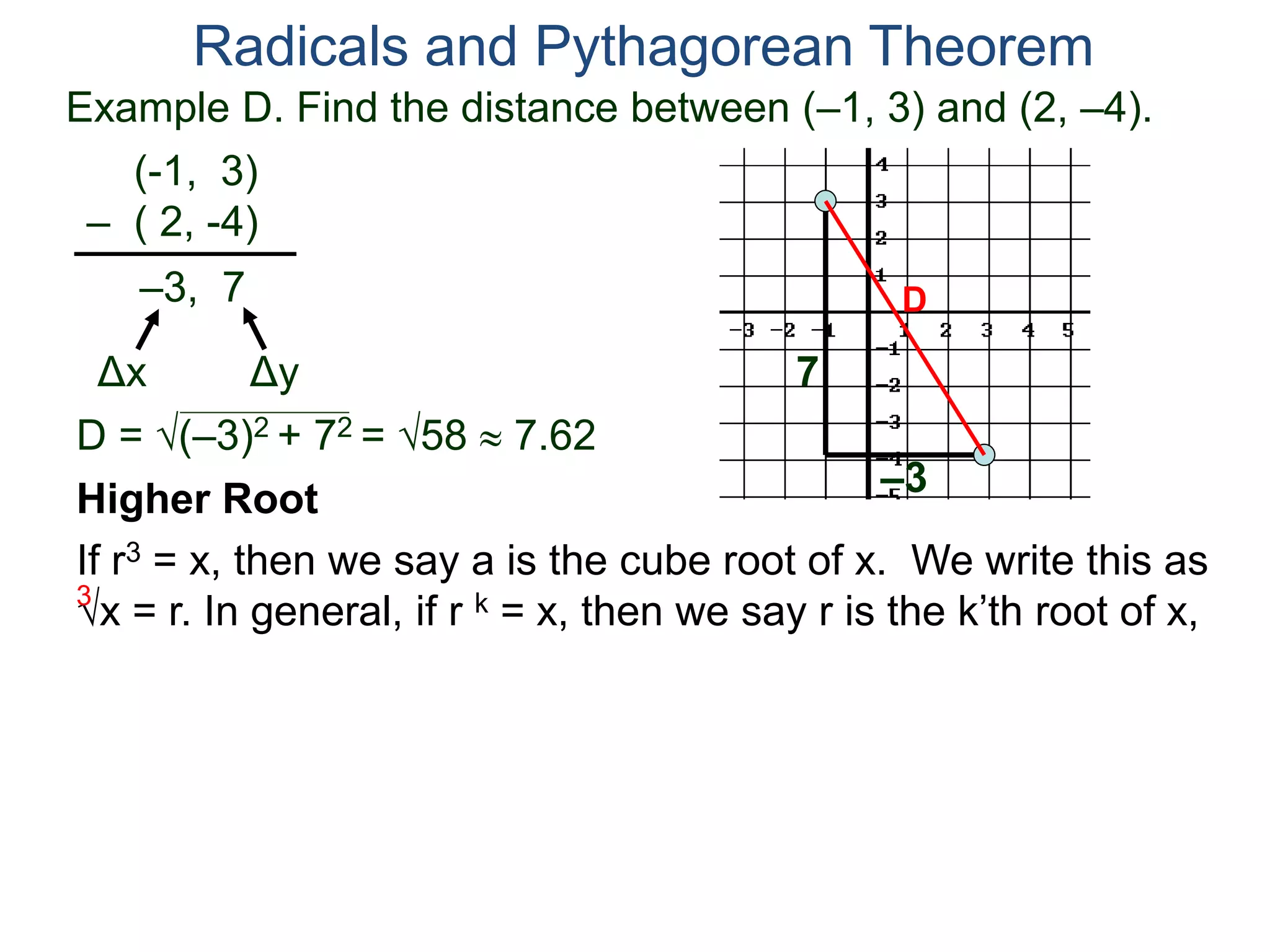 Example D. Find the distance between (–1, 3) and (2, –4).
(-1, 3)
– ( 2, -4)
D = (–3)2 + 72 = 58  7.62
D
7
–3
Radicals and Pythagorean Theorem
–3, 7
Δx Δy
Higher Root
If r3 = x, then we say a is the cube root of x. We write this as
x = r. In general, if r k = x, then we say r is the k’th root of x,3
 