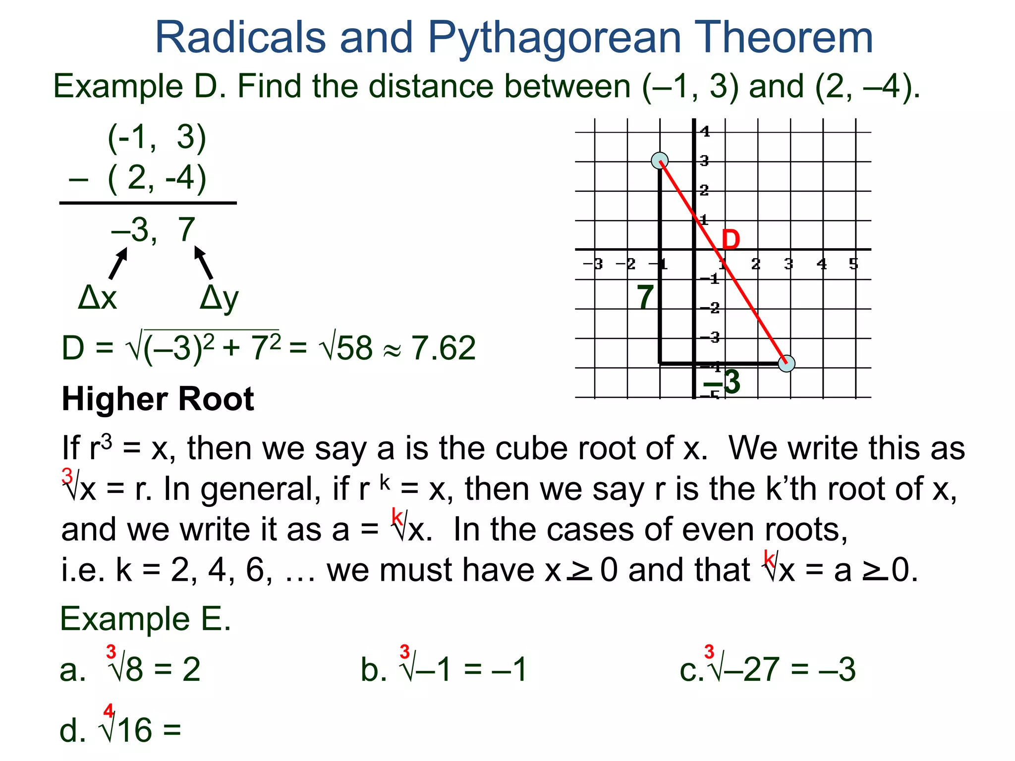 Example D. Find the distance between (–1, 3) and (2, –4).
(-1, 3)
– ( 2, -4)
D = (–3)2 + 72 = 58  7.62
D
7
–3
Radicals and Pythagorean Theorem
–3, 7
Δx Δy
3
k
k
Example E.
a. 8 = 2 b. –1 = –1 c.–27 = –3
d. 16 =
3 3 3
Higher Root
If r3 = x, then we say a is the cube root of x. We write this as
x = r. In general, if r k = x, then we say r is the k’th root of x,
and we write it as a = x. In the cases of even roots,
i.e. k = 2, 4, 6, … we must have x > 0 and that x = a > 0.
4
 