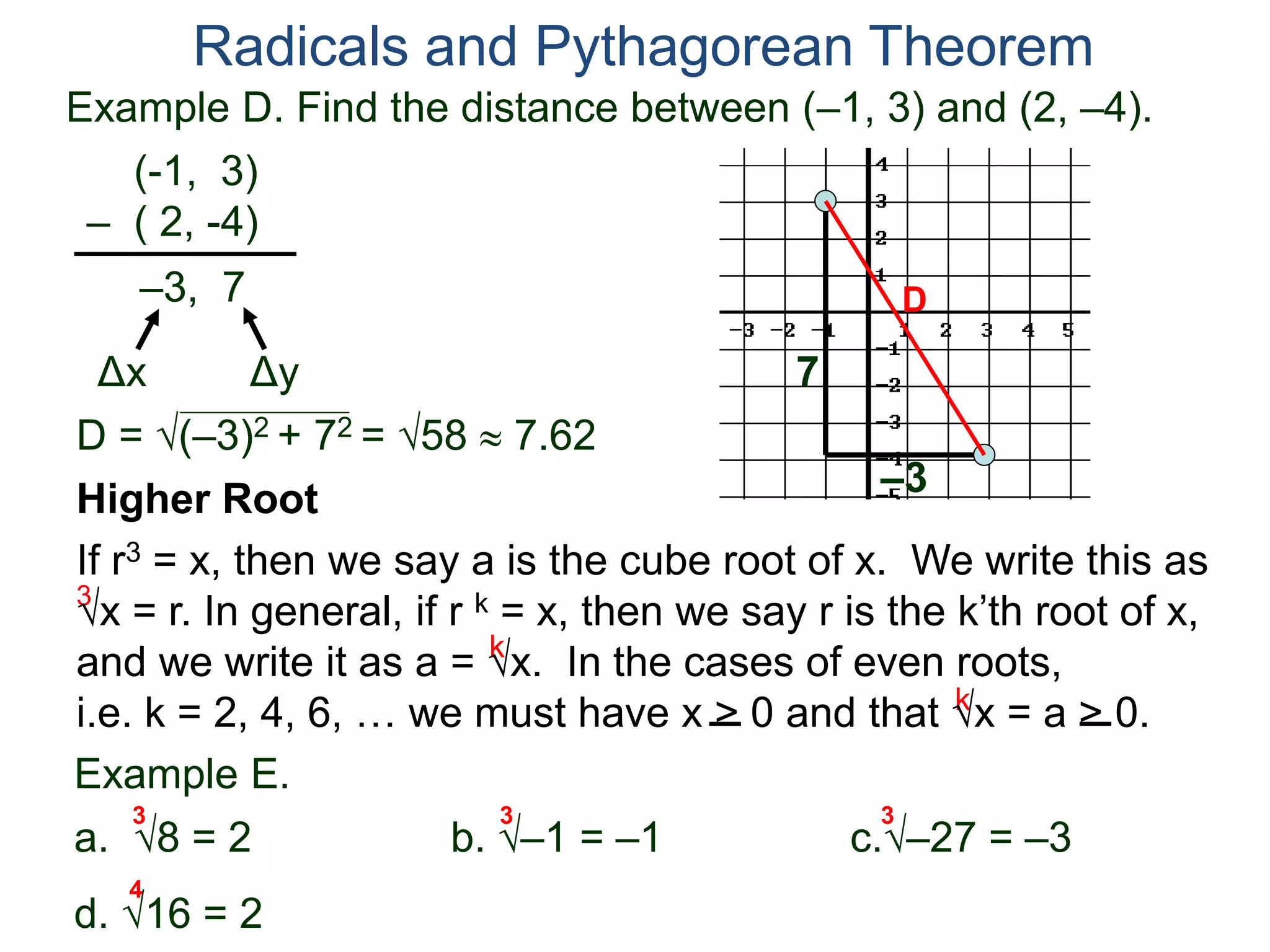 Example D. Find the distance between (–1, 3) and (2, –4).
(-1, 3)
– ( 2, -4)
D = (–3)2 + 72 = 58  7.62
D
7
–3
Radicals and Pythagorean Theorem
–3, 7
Δx Δy
3
k
k
Example E.
a. 8 = 2 b. –1 = –1 c.–27 = –3
d. 16 = 2
3 3 3
Higher Root
If r3 = x, then we say a is the cube root of x. We write this as
x = r. In general, if r k = x, then we say r is the k’th root of x,
and we write it as a = x. In the cases of even roots,
i.e. k = 2, 4, 6, … we must have x > 0 and that x = a > 0.
4
 