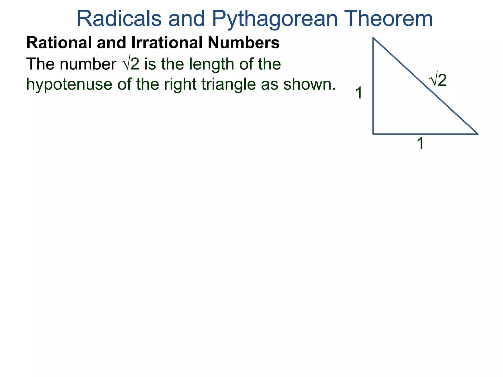 The number 2 is the length of the
hypotenuse of the right triangle as shown.
Radicals and Pythagorean Theorem
Rational and Irrational Numbers
2
1
1
 