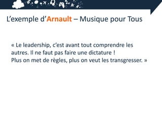 L’exemple d’Arnault – Musique pour Tous


 « Le leadership, c’est avant tout comprendre les
 autres. Il ne faut pas faire une dictature !
 Plus on met de règles, plus on veut les transgresser. »
 