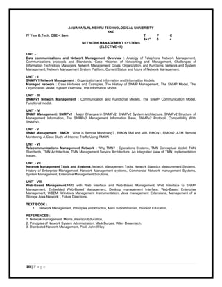 JAWAHARLAL NEHRU TECHNOLOGICAL UNIVERSITY
                                             KKD
IV Year B.Tech. CSE -I Sem                                     T     P                     C
                                                               4+1*  0                     4
                                 NETWORK MANAGEMENT SYSTEMS
                                         (ELECTIVE - II)

UNIT - I
Data communications and Network Management Overview : Analogy of Telephone Network Management,
Communications protocols and Standards, Case Histories of Networking and Management, Challenges of
Information Technology Managers, Network Management: Goals, Organization, and Functions, Network and System
Management, Network Management System Platform, Current Status and future of Network Management.

UNIT - II
SNMPV1 Network Management : Organization and Information and Information Models.
Managed network : Case Histories and Examples, The History of SNMP Management, The SNMP Model, The
Organization Model, System Overview, The Information Model.

UNIT - III
SNMPv1 Network Management : Communication and Functional Models. The SNMP Communication Model,
Functional model.

UNIT - IV
SNMP Management: SNMPv2 : Major Changes in SNMPv2, SNMPv2 System Architecture, SNMPv2 Structure of
Management Information, The SNMPv2 Management Information Base, SNMPv2 Protocol, Compatibility With
SNMPv1.

UNIT - V
SNMP Management : RMON : What is Remote Monitoring? , RMON SMI and MIB, RMON1, RMON2, ATM Remote
Monitoring, A Case Study of Internet Traffic Using RMON

UNIT - VI
Telecommunications Management Network : Why TMN? , Operations Systems, TMN Conceptual Model, TMN
Standards, TMN Architecture, TMN Management Service Architecture, An Integrated View of TMN, mplementation
Issues.

UNIT - VII
Network Management Tools and Systems:Network Management Tools, Network Statistics Measurement Systems,
History of Enterprise Management, Network Management systems, Commercial Network management Systems,
System Management, Enterprise Management Solutions.

UNIT - VIII
Web-Based Management:NMS with Web Interface and Web-Based Management, Web Interface to SNMP
Management, Embedded Web-Based Management, Desktop management Interface, Web-Based Enterprise
Management, WBEM: Windows Management Instrumentation, Java management Extensions, Management of a
Storage Area Network: , Future Directions.

TEXT BOOK :
   1. Network Management, Principles and Practice, Mani Subrahmanian, Pearson Education.

REFERENCES :
1. Network management, Morris, Pearson Education.
2. Principles of Network System Administration, Mark Burges, Wiley Dreamtech.
3. Distributed Network Management, Paul, John Wiley.




10 | P a g e
 
