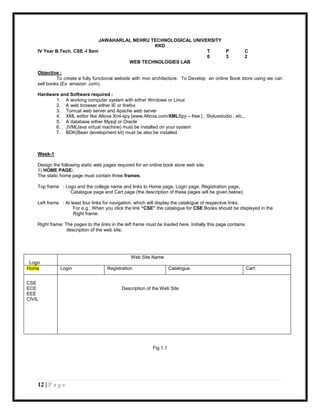 JAWAHARLAL NEHRU TECHNOLOGICAL UNIVERSITY
                                                 KKD
    IV Year B.Tech. CSE -I Sem                                     T     P                                C
                                                                   0     3                                2
                                        WEB TECHNOLOGIES LAB

    Objective :
             To create a fully functional website with mvc architecture. To Develop an online Book store using we can
    sell books (Ex amazon .com).

    Hardware and Software required :
           1. A working computer system with either Windows or Linux
           2. A web browser either IE or firefox
           3. Tomcat web server and Apache web server
           4. XML editor like Altova Xml-spy [www.Altova.com/XMLSpy – free ] , Stylusstudio , etc.,
           5. A database either Mysql or Oracle
           6. JVM(Java virtual machine) must be installed on your system
           7. BDK(Bean development kit) must be also be installed



    Week-1:

    Design the following static web pages required for an online book store web site.
    1) HOME PAGE:
    The static home page must contain three frames.

    Top frame : Logo and the college name and links to Home page, Login page, Registration page,
                  Catalogue page and Cart page (the description of these pages will be given below).

    Left frame : At least four links for navigation, which will display the catalogue of respective links.
                     For e.g.: When you click the link “CSE” the catalogue for CSE Books should be displayed in the
                     Right frame.

    Right frame: The pages to the links in the left frame must be loaded here. Initially this page contains
                  description of the web site.




                                                  Web Site Name
 Logo
Home           Login                  Registration                     Catalogue                              Cart


CSE
ECE                                          Description of the Web Site
EEE
CIVIL




                                                             Fig 1.1




    12 | P a g e
 