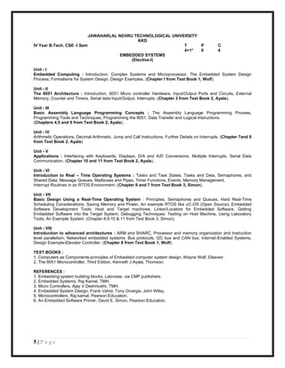 JAWAHARLAL NEHRU TECHNOLOGICAL UNIVERSITY
                                              KKD
IV Year B.Tech. CSE -I Sem                                     T     P                             C
                                                               4+1*  0                             4
                                       EMBEDDED SYSTEMS
                                           (Elective-I)

Unit - I
Embedded Computing : Introduction, Complex Systems and Microprocessor, The Embedded System Design
Process, Formalisms for System Design, Design Examples. (Chapter I from Text Book 1, Wolf).

Unit - II
The 8051 Architecture : Introduction, 8051 Micro controller Hardware, Input/Output Ports and Circuits, External
Memory, Counter and Timers, Serial data Input/Output, Interrupts. (Chapter 3 from Text Book 2, Ayala).

Unit - III
Basic Assembly Language Programming Concepts : The Assembly Language Programming Process,
Programming Tools and Techniques, Programming the 8051. Data Transfer and Logical Instructions.
(Chapters 4,5 and 6 from Text Book 2, Ayala).

Unit - IV
Arithmetic Operations, Decimal Arithmetic. Jump and Call Instructions, Further Details on Interrupts. (Chapter 7and 8
from Text Book 2, Ayala)

Unit - V
Applications : Interfacing with Keyboards, Displays, D/A and A/D Conversions, Multiple Interrupts, Serial Data
Communication. (Chapter 10 and 11 from Text Book 2, Ayala).

Unit - VI
Introduction to Real – Time Operating Systems : Tasks and Task States, Tasks and Data, Semaphores, and
Shared Data; Message Queues, Mailboxes and Pipes, Timer Functions, Events, Memory Management,
Interrupt Routines in an RTOS Environment. (Chapter 6 and 7 from Text Book 3, Simon).

Unit - VII
Basic Design Using a Real-Time Operating System : Principles, Semaphores and Queues, Hard Real-Time
Scheduling Considerations, Saving Memory and Power, An example RTOS like uC-OS (Open Source); Embedded
Software Development Tools: Host and Target machines, Linker/Locators for Embedded Software, Getting
Embedded Software into the Target System; Debugging Techniques: Testing on Host Machine, Using Laboratory
Tools, An Example System. (Chapter 8,9,10 & 11 from Text Book 3, Simon).

Unit - VIII
Introduction to advanced architectures : ARM and SHARC, Processor and memory organization and Instruction
level parallelism; Networked embedded systems: Bus protocols, I2C bus and CAN bus; Internet-Enabled Systems,
Design Example-Elevator Controller. (Chapter 8 from Text Book 1, Wolf).

TEXT BOOKS :
1. Computers as Components-principles of Embedded computer system design, Wayne Wolf, Elseveir.
2. The 8051 Microcontroller, Third Edition, Kenneth J.Ayala, Thomson.

REFERENCES :
1. Embedding system building blocks, Labrosse, via CMP publishers.
2. Embedded Systems, Raj Kamal, TMH.
3. Micro Controllers, Ajay V Deshmukhi, TMH.
4. Embedded System Design, Frank Vahid, Tony Givargis, John Wiley.
5. Microcontrollers, Raj kamal, Pearson Education.
6. An Embedded Software Primer, David E. Simon, Pearson Education.




5|Page
 