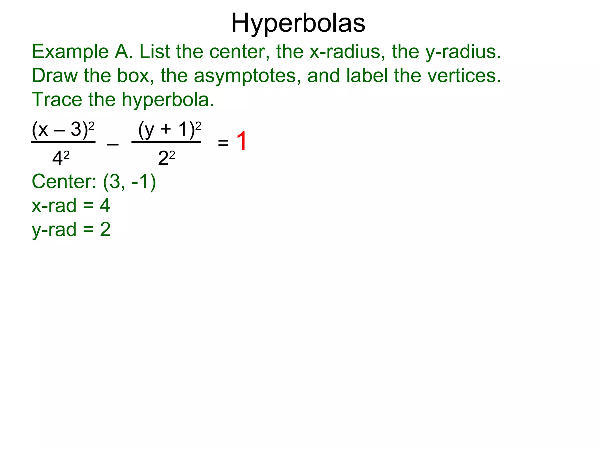 Hyperbolas
Example A. List the center, the x-radius, the y-radius.
Draw the box, the asymptotes, and label the vertices.
Trace the hyperbola.
(x &ndash; 3)2     (y + 1)2
         &ndash;            =1
   42
                22

Center: (3, -1)
x-rad = 4
y-rad = 2
 