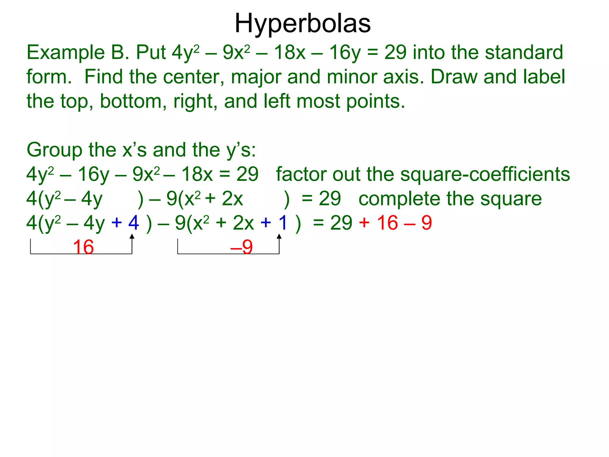 Hyperbolas
Example B. Put 4y2 &ndash; 9x2 &ndash; 18x &ndash; 16y = 29 into the standard
form. Find the center, major and minor axis. Draw and label
the top, bottom, right, and left most points.

Group the x&rsquo;s and the y&rsquo;s:
4y2 &ndash; 16y &ndash; 9x2 &ndash; 18x = 29 factor out the square-coefficients
4(y2 &ndash; 4y    ) &ndash; 9(x2 + 2x    ) = 29 complete the square
4(y2 &ndash; 4y + 4 ) &ndash; 9(x2 + 2x + 1 ) = 29 + 16 &ndash; 9
      16                 &ndash;9
 